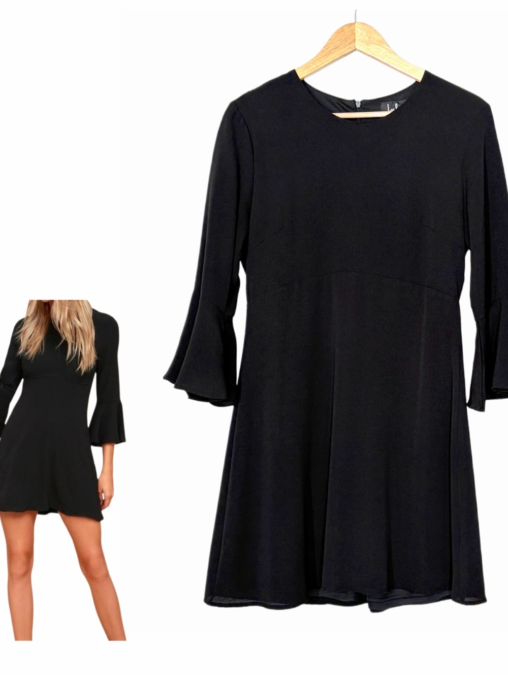 Lulus Center of Attention Black Flounce 3/4 Bell Sleeve Mini Dress Medium LBD